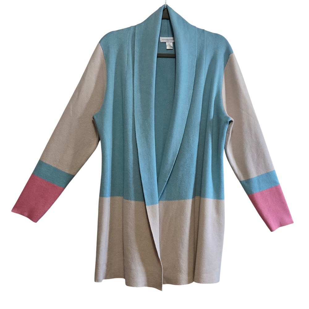 Christopher & Banks Colorblock Shawl Collar Open Front Cardigan Blue Tan Pink L